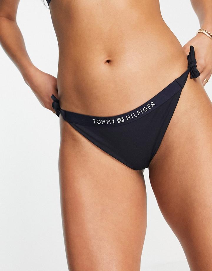 Tommy Hilfiger Logo Side Tie Cheeky Bikini Bottom In Navy Blue