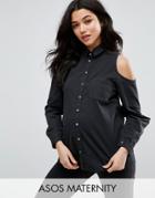 Asos Maternity Denim Cold Shoulder Shirt In Washed Black - Black
