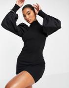 Asos Design Knitted Mini Dress With Woven Sleeves In Black