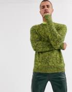 Asos Design Fluffy Textured Knit Sweater In Green Twist