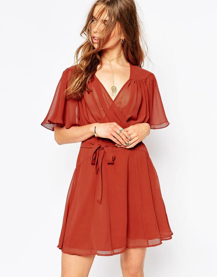 Asos Kimono Flippy Dress With Stitch Shoulder Detail - Terracotta