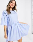 Asos Design Oversized Mini Smock Dress With Dropped Waist In Chambray Blue-blues
