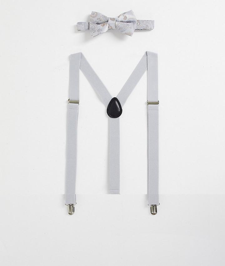 Asos Design Bow Tie In Silver And Navy Paisley With Navy Suspenders-multi