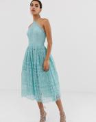 Asos Design Lace Midi Dress With Pinny Bodice - Blue