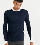 Asos Design Tall Organic Long Sleeve T-shirt With Contrast Shoulder Panel In Navy