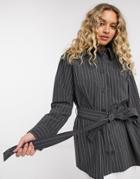 Weekday Beatrix Belted Pinstripe Blazer In Dark Gray