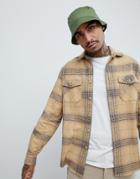 Asos Design Brushed Check Over Shirt In Camel With Double Pockets - Brown