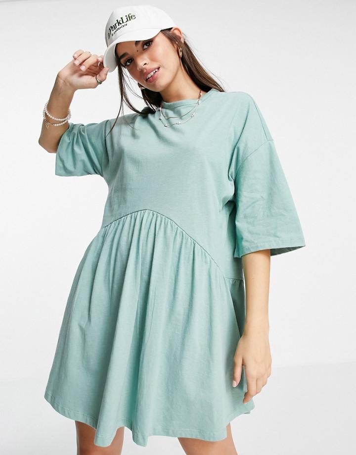 Asos Design Oversized Mini Smock Dress With Dropped Waist In Sage Green