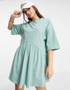Asos Design Oversized Mini Smock Dress With Dropped Waist In Sage Green