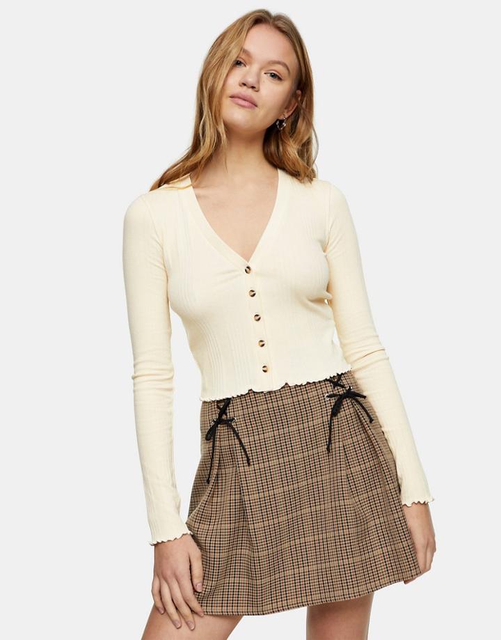 Topshop Button Ribbed Cardigan In Cream-white