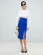 Oasis Paperbag Waist Split Front Pencil Skirt - Blue