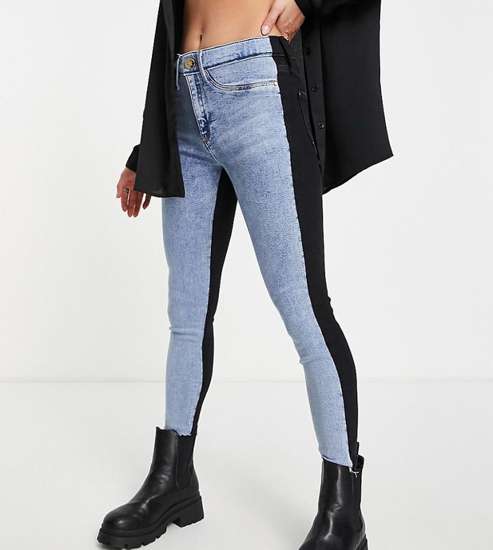 River Island Petite Color Block Mid Rise Skinny Jeans In Black And Blue