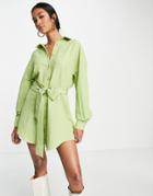 Lola May Shirt Dress With Tie Waist In Lime-green