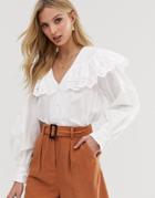 Asos Design Long Sleeve Shirt With Broderie Collar - White