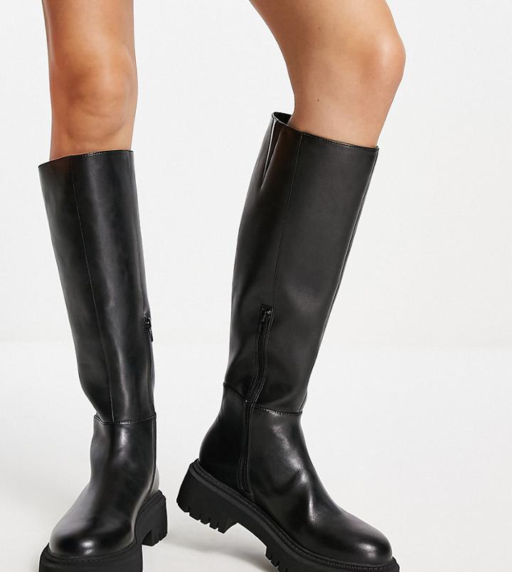 Rule London Exclusive Robin Flat Knee Boots In Black Pu