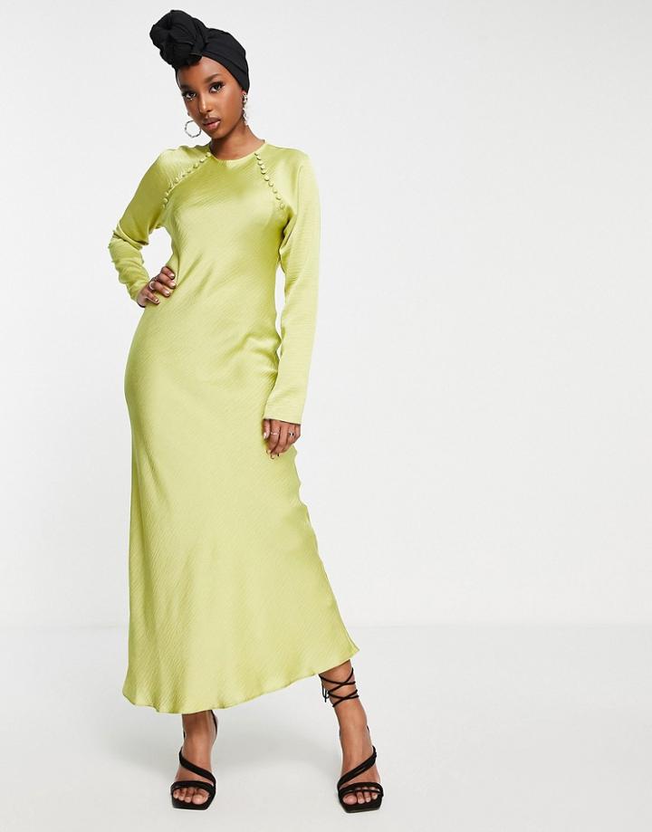 Asos Design Satin Biased Maxi Dress With Button Detail In Lime-green
