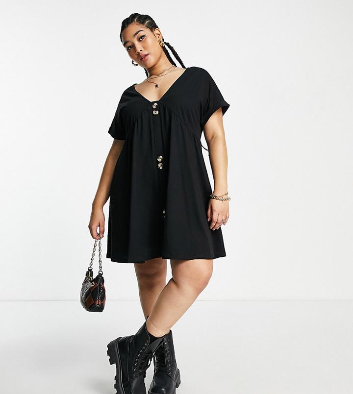 Asos Design Curve Short Sleeve Mini Smock Dress With Large Button Detail In Black