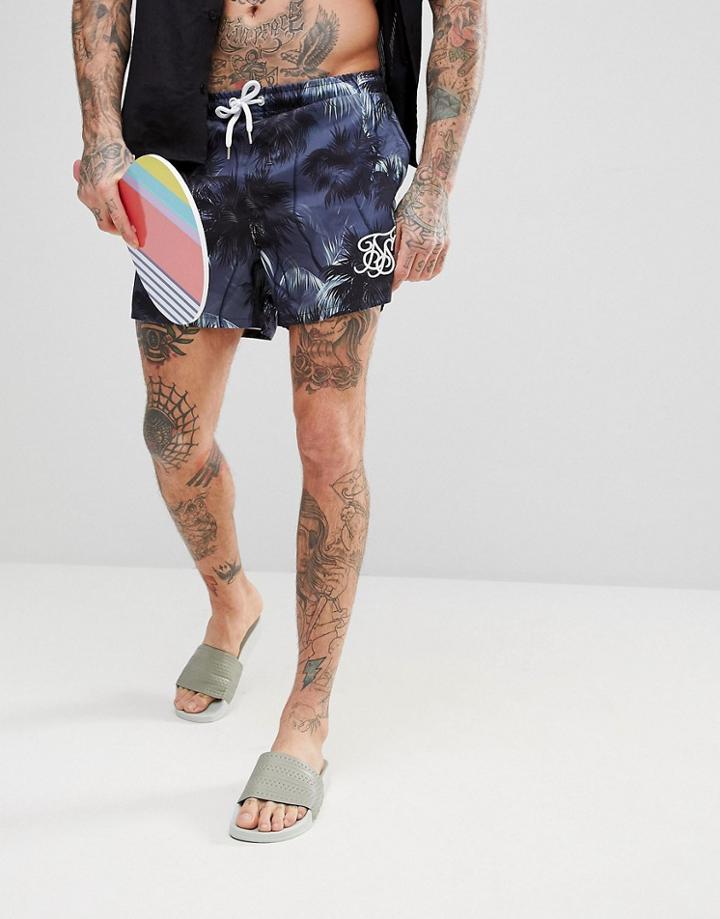 Siksilk Swim Shorts In Navy With Palm Print - Navy