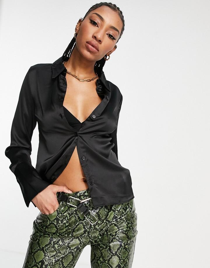 Topshop Tall Exclusive Slim Satin Cuffed Shirt In Black