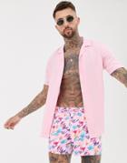 Asos Design Swim Shorts With Retro Scribble Print In Short Length-pink