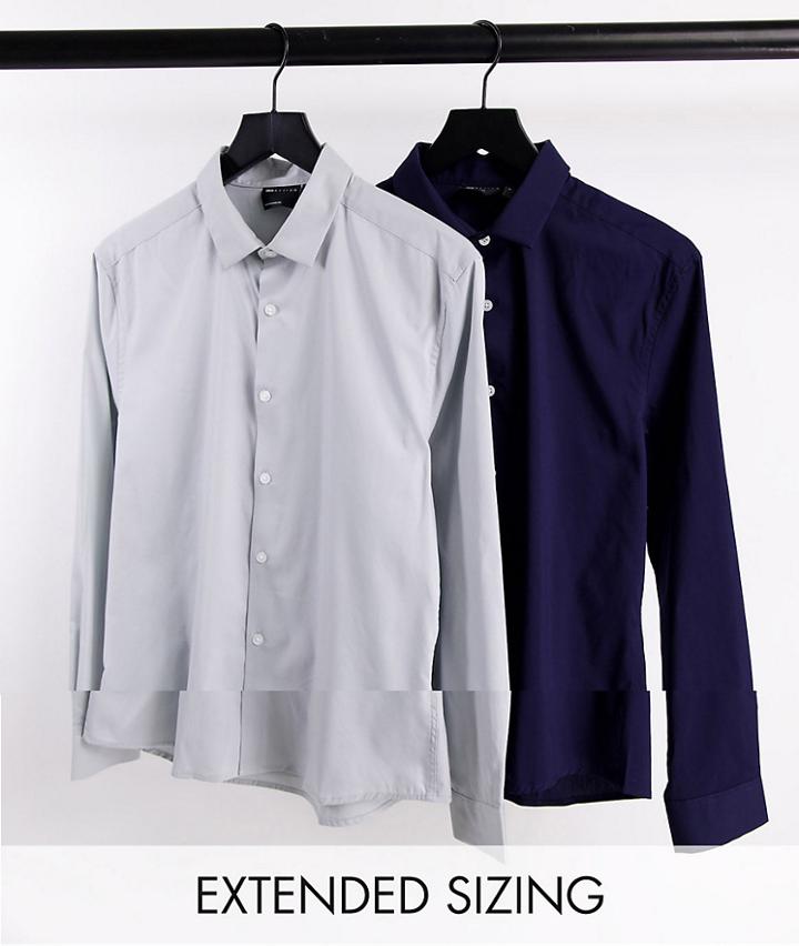 Asos Design 2-pack Stretch Slim Fit Work Shirts In Navy & Gray - Save-multi