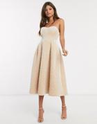 Asos Design Premium Quilted Velvet Bandeau Prom Midi Dress In Champagne-neutral