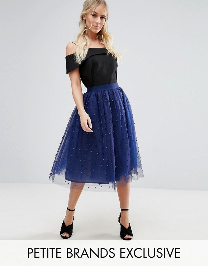 Little Mistress Petite Allover Pearl Embellished Full Midi Prom Skirt - Navy
