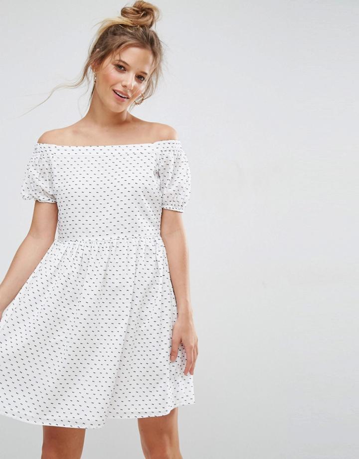 Asos Off Shoulder Smock Dress In Dobby Spot - Multi