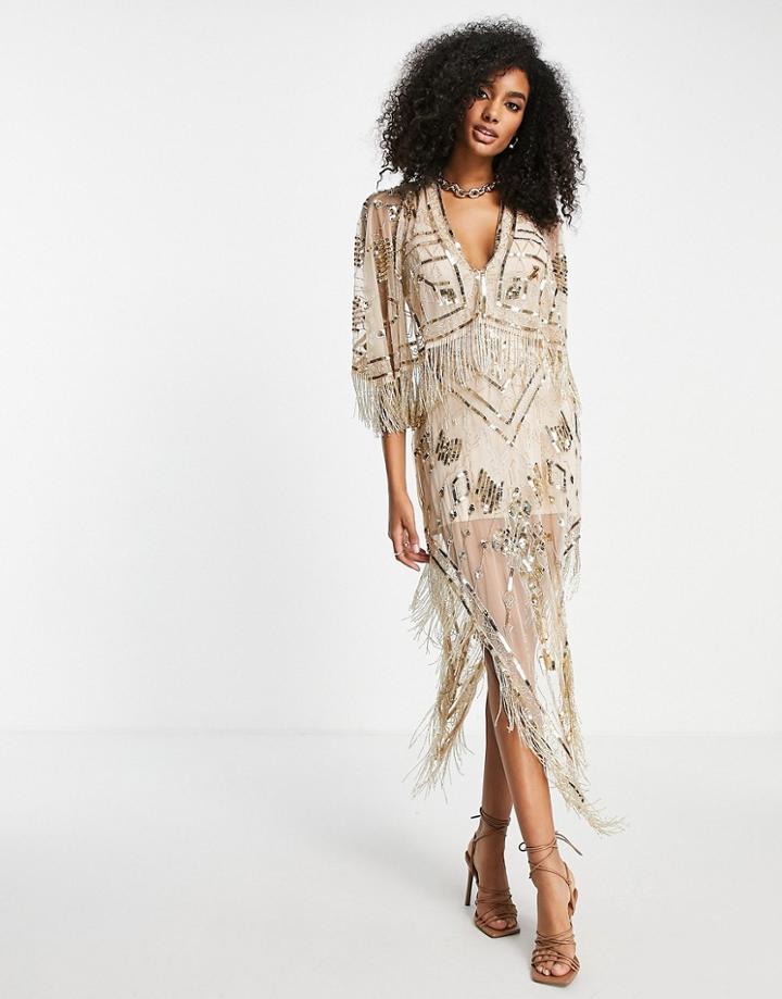 Asos Design Embellished Sheer Midaxi Dress With Scarf Hem And Embellished Fringe Detail-pink