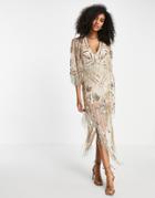 Asos Design Embellished Sheer Midaxi Dress With Scarf Hem And Embellished Fringe Detail-pink