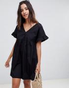 Asos Design V Front V Back Mini Cotton Smock Dress - Black