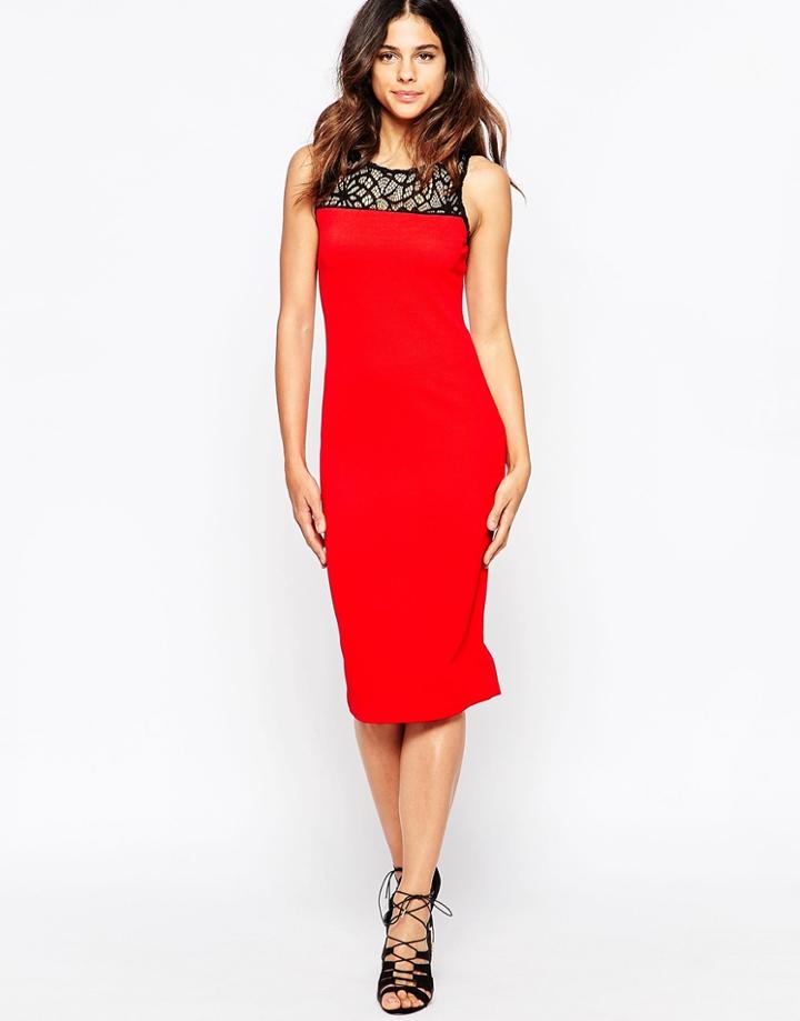 Pussycat London Midi Dress With Mesh Top - Red