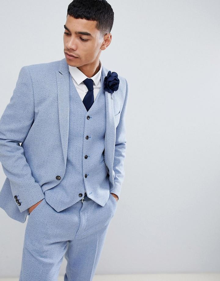 Asos Design Wedding Skinny Suit Jacket In Light Blue Herringbone - Blue