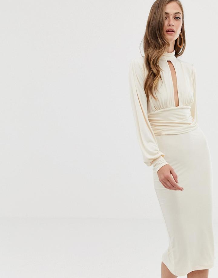 Asos Design Slinky Keyhole Ruched Waist Midi Dress - Cream