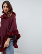 Jayley Faux Fur Trim Wool Blend Poncho - Red
