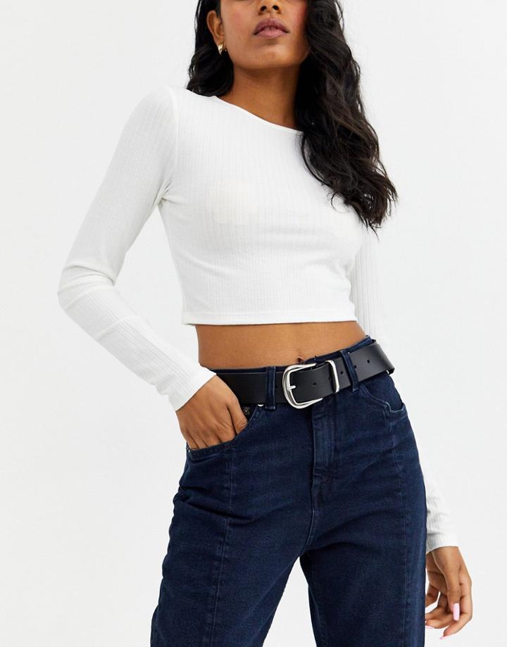 Asos Design Leather Tipped Jeans Belt With Shiny Silver Metal-black