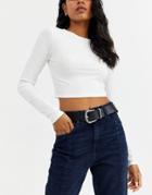 Asos Design Leather Tipped Jeans Belt With Shiny Silver Metal-black