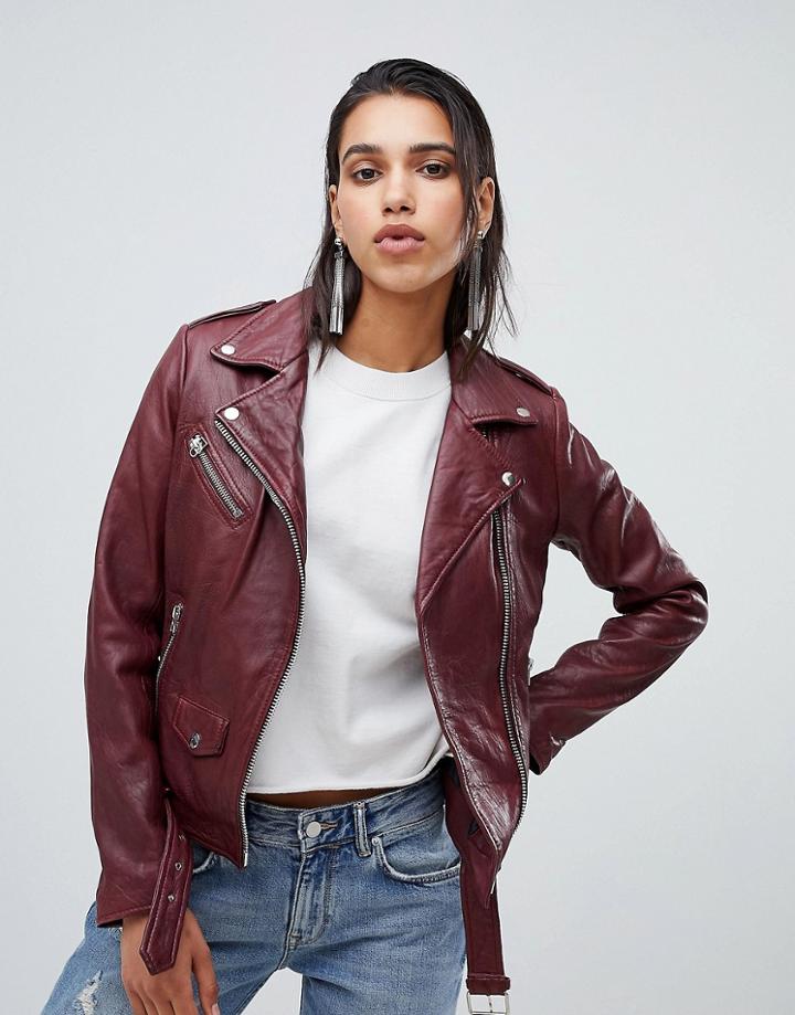 Goosecraft Leather Biker Jacket In Plum - Purple