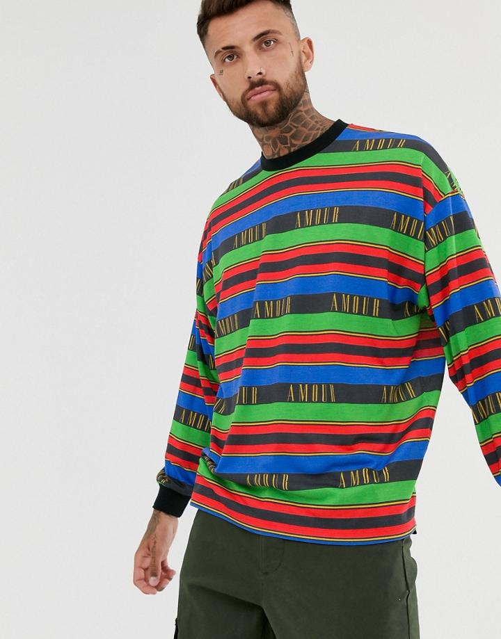 Asos Design Oversized Striped Long Sleeve T-shirt With Amour Text-multi