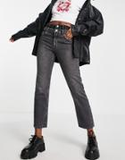 Only Fine Straight Leg Jeans With Double Waist Band In Washed Black