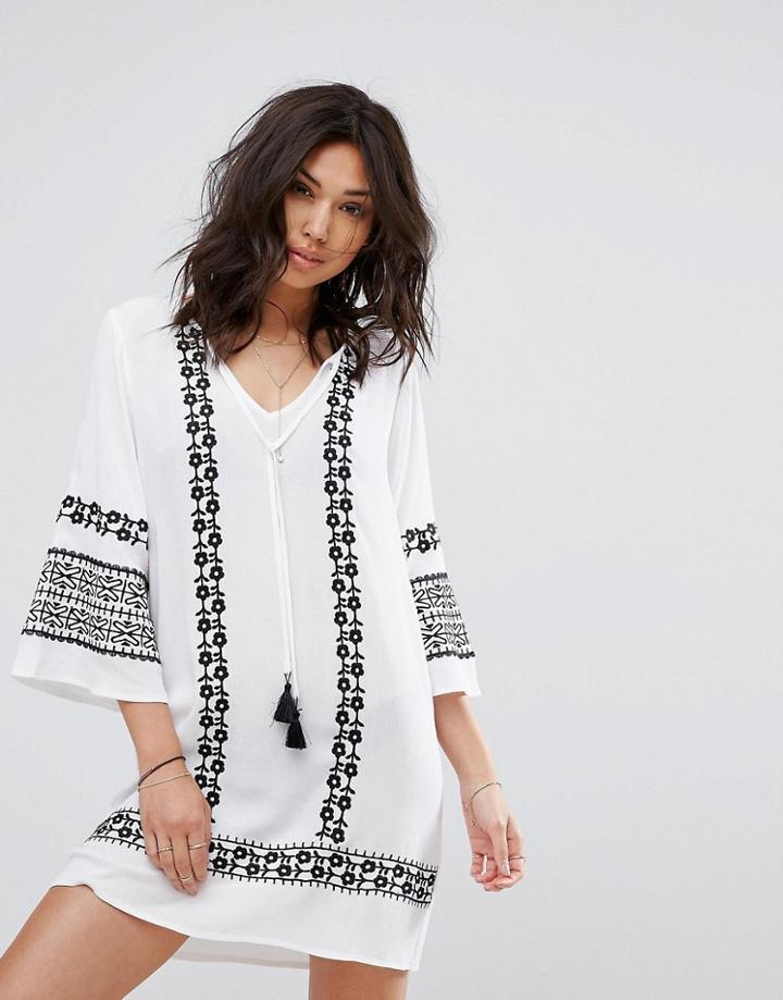 Prettylittlething Cheesecloth Embroidered Shift Dress - White