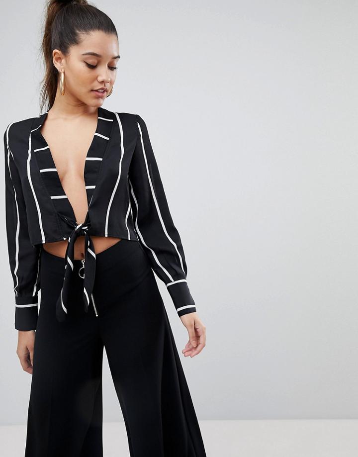 Prettylittlething Tie Front Stripe Cropped Blouse - Black