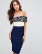 Vesper Pencil Dress With Lace Bardot Detail - Navy