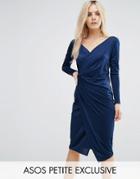 Asos Petite Long Sleeve Wrap Pencil Dress - Blue