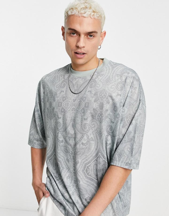 Asos Design Oversized T-shirt In All Over Tapestry Print-green