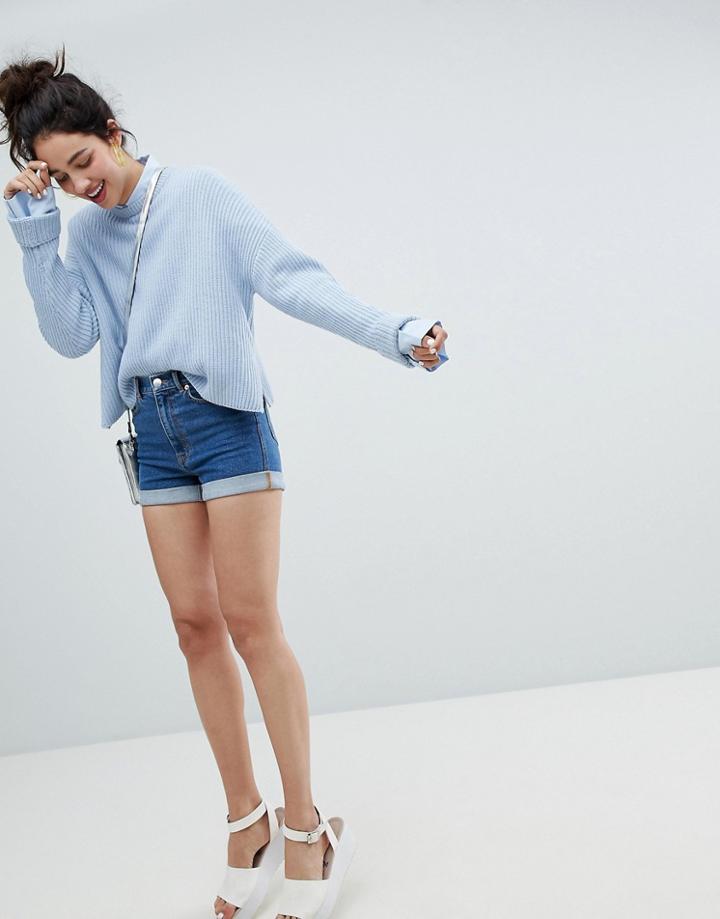 Monki High Waisted Mom Denim Short - Blue