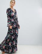 Asos Design Pleated Wrap Maxi Dress With Ruffle In Floral Print-multi