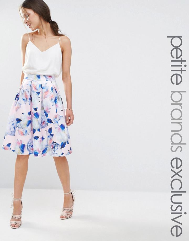 Chi Chi London Petite Full Prom Midi Skater Skirt In Floral Print - Blush Floral