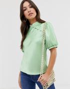 Asos Design Short Sleeve Top With Mandarin Collar In Satin-green