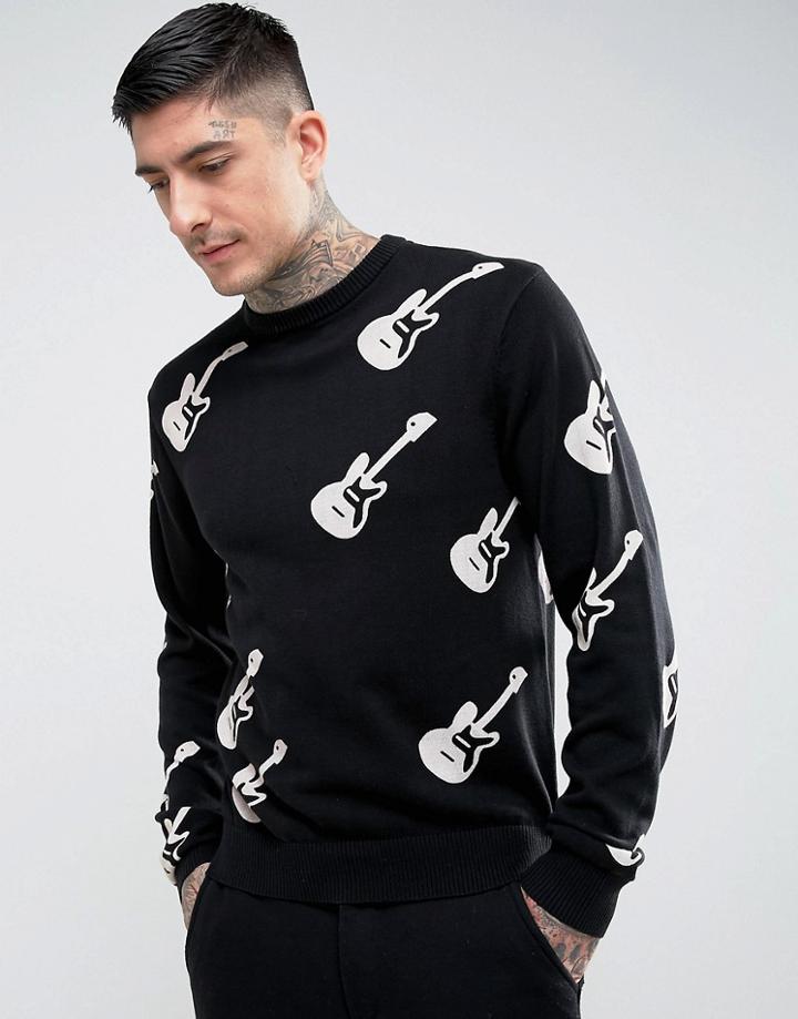 Hymn Guitar Print Sweater - Black
